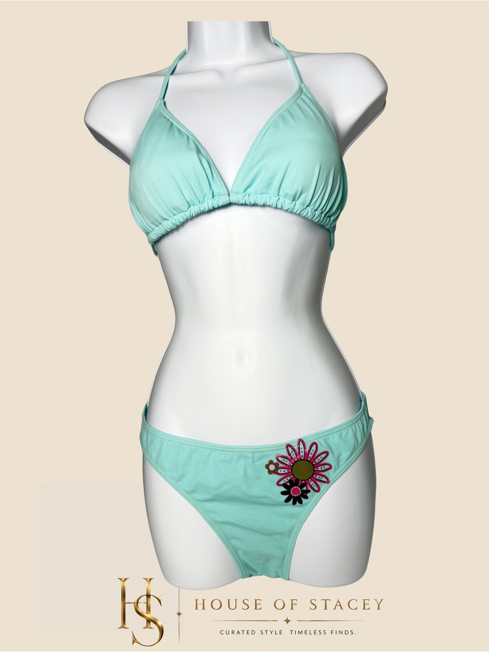 Mint Green Bikini Set Floral Detail Halter Tie Back Size L NEW